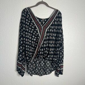 Free People Boho Black, Cream and Burnt Orange Long Sleeve Bouse Medium